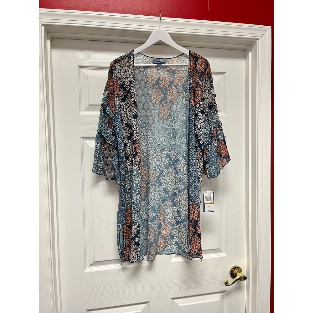 Democracy Blue & Rust Boho Open Front Kimono sz S/M NWT